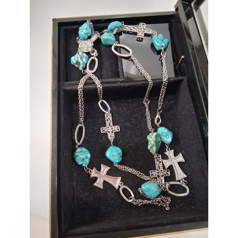 Silver Tone Turquoise Nugget Cross Charm Cable Chain Necklace Adjustable Punk